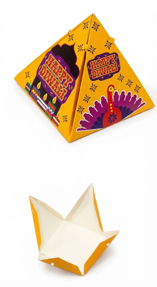 Happy Diwali Designer Pyramid Gift Box with Ribbon – (Pack of 10 Pcs)