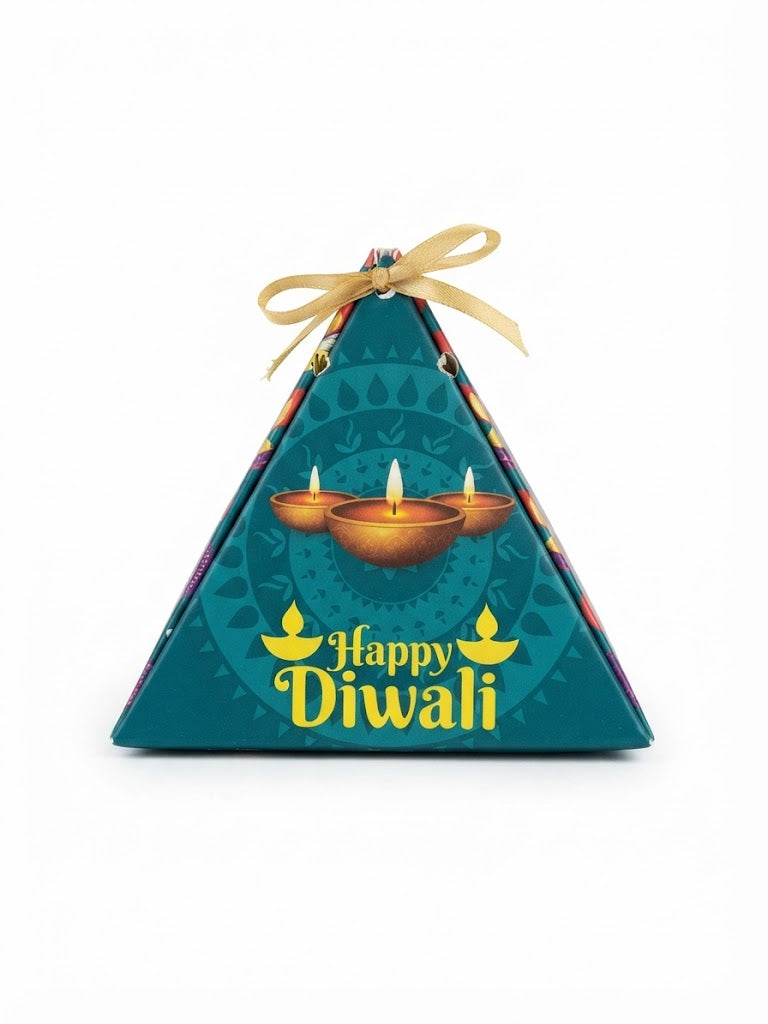 Happy Diwali Designer Pyramid Gift Box with Ribbon – (Pack of 10 Pcs)