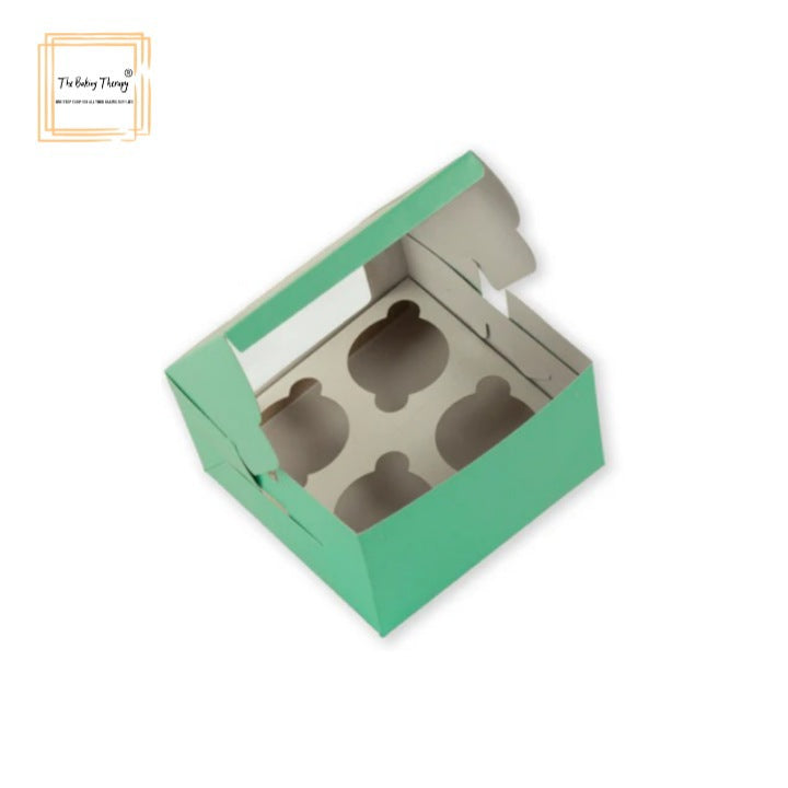 Green 4 Pcs Window Cupcake Box With Cavity ( Pack Of 10 Pcs )