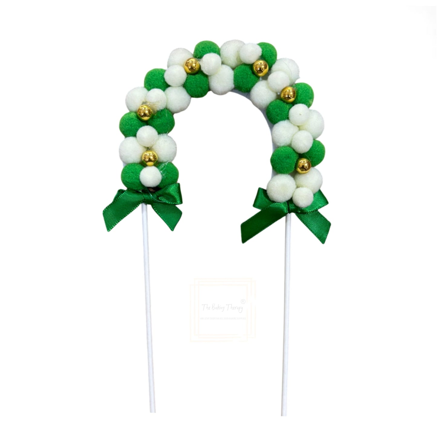 Green Pom Pom Arch With Gold Beads Cake Topper