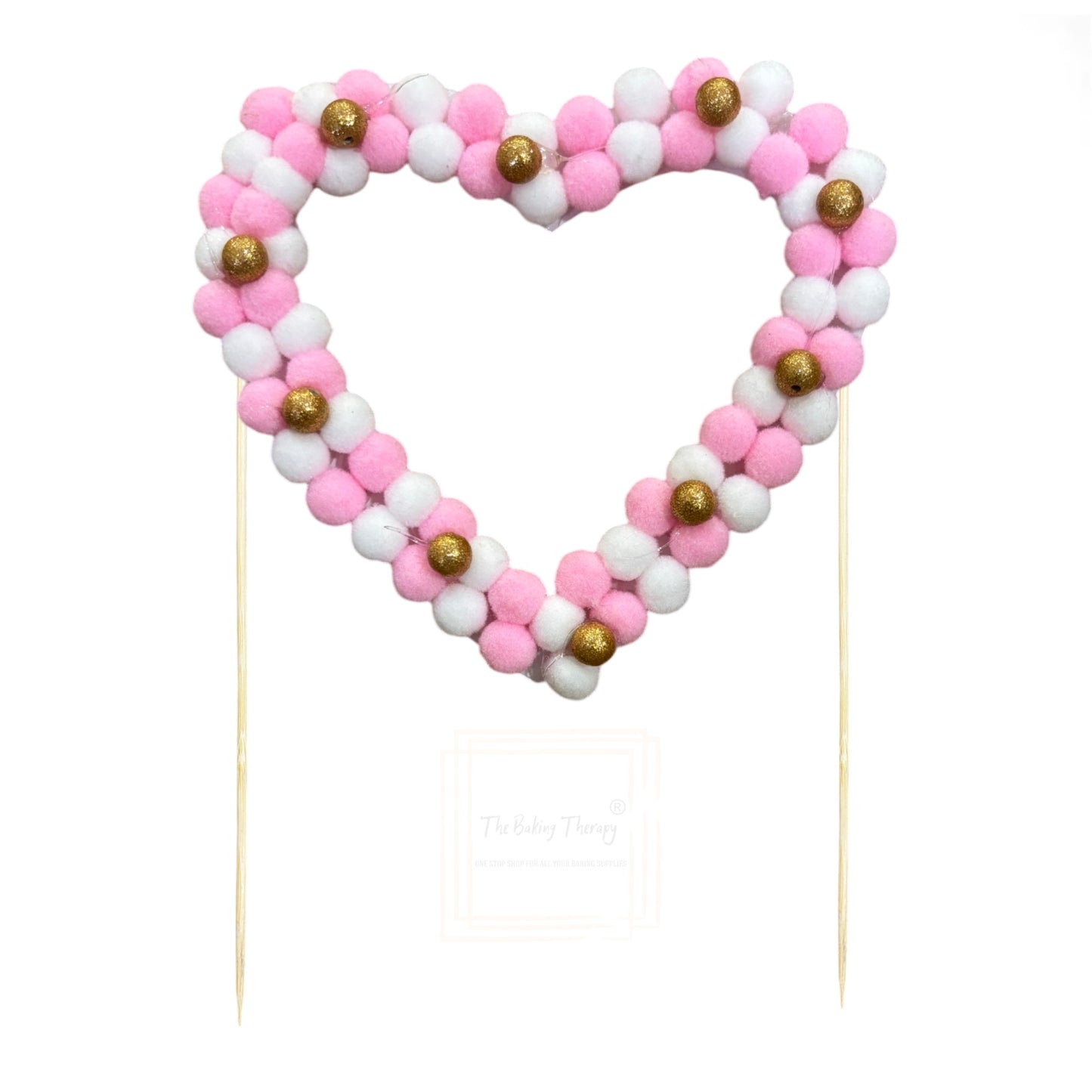 Pink And White Heart Pom Pom Cake Topper