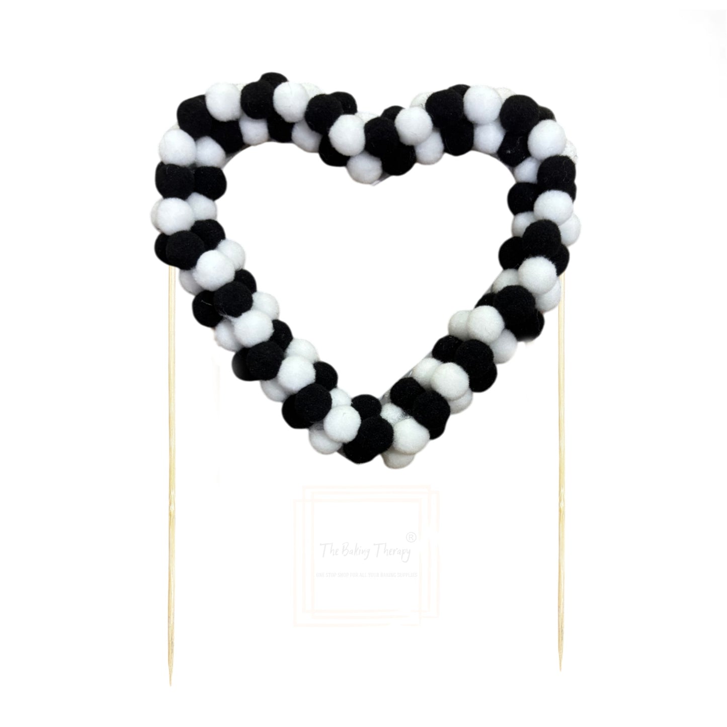 Black And White Heart Pom Pom Cake Topper