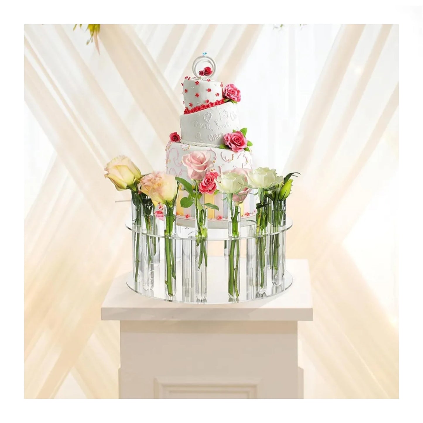 Acrylic Floral Crown Cake Stand With Tube Vase Acrylic Clear Cake Display Stand ( 12 Inch )