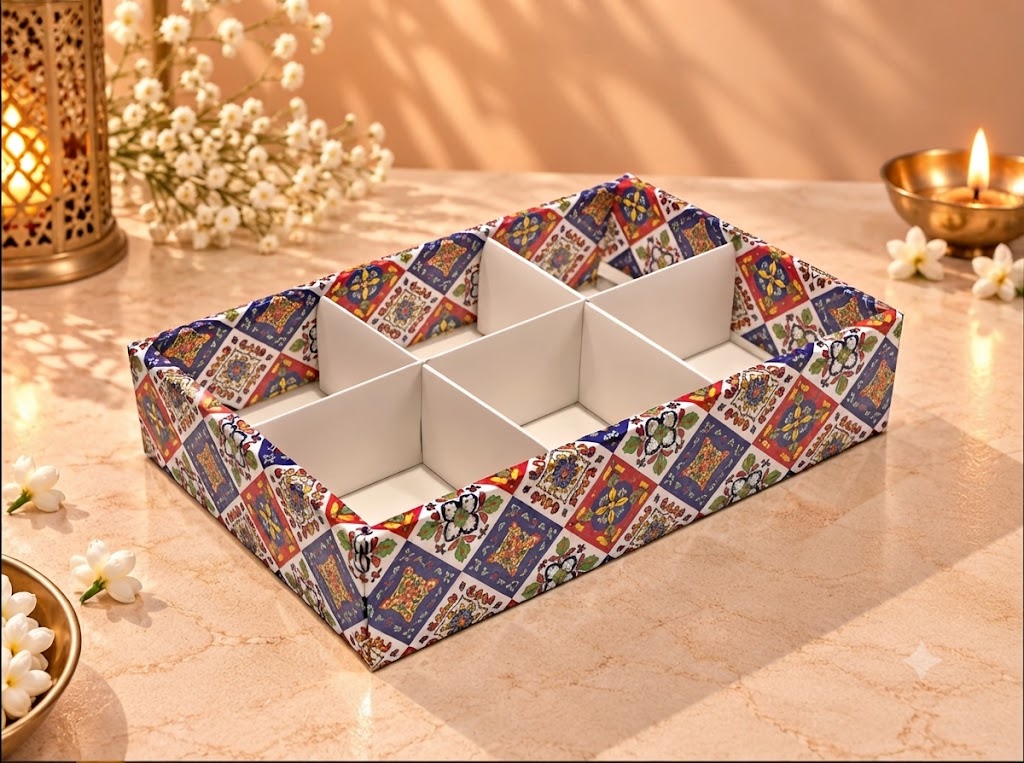 Festive Print 6 Cavity Partition Box – 9 × 6 × 2 Inches