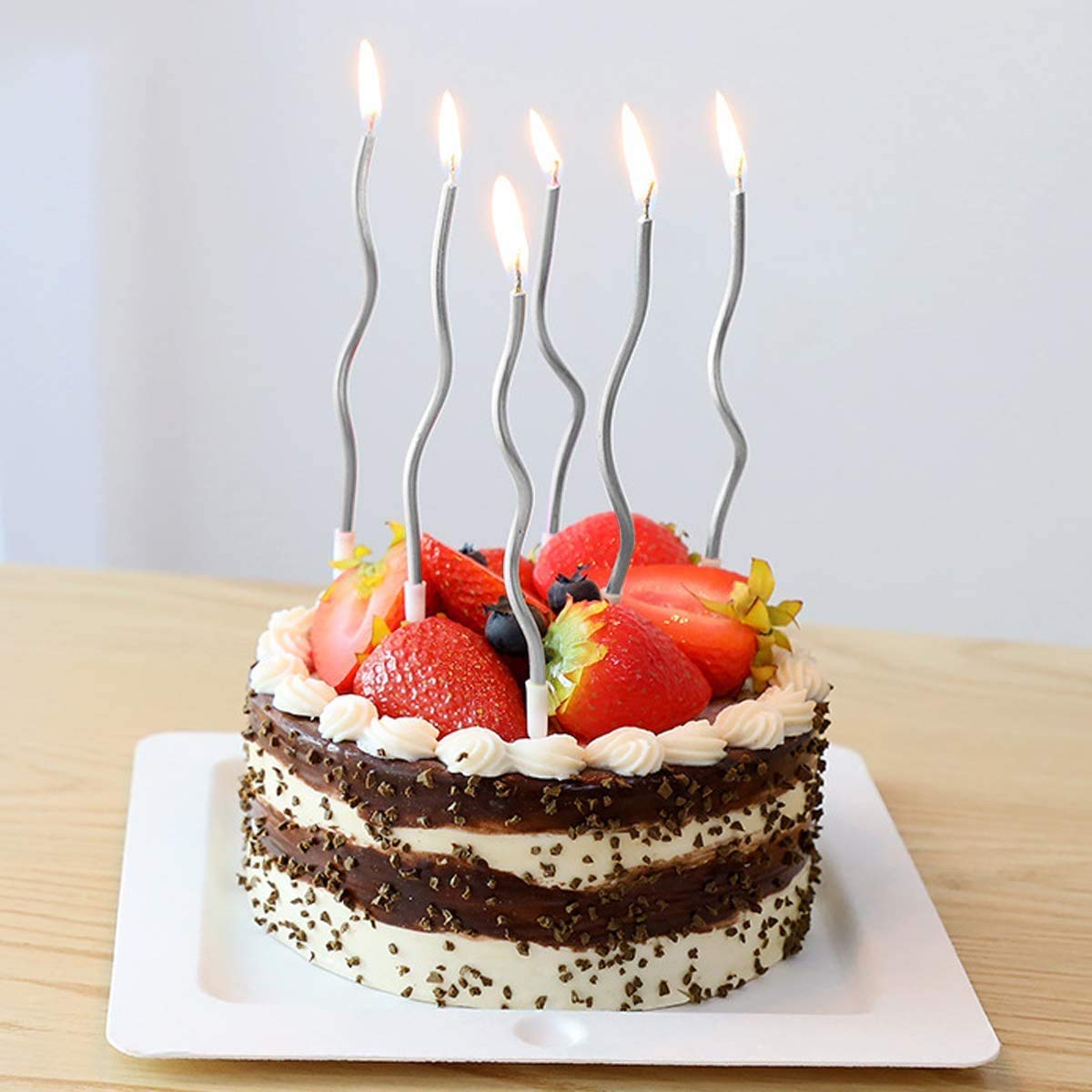 Silver Twisty Long Spiral Candles with Stand [ Pack of 6 Pcs ]
