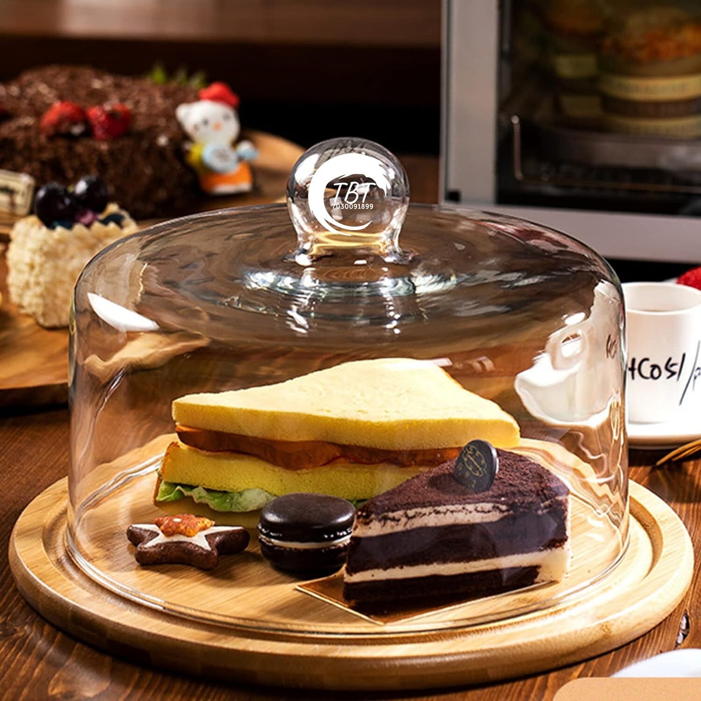 Wooden Cake Stand With Glass 10"