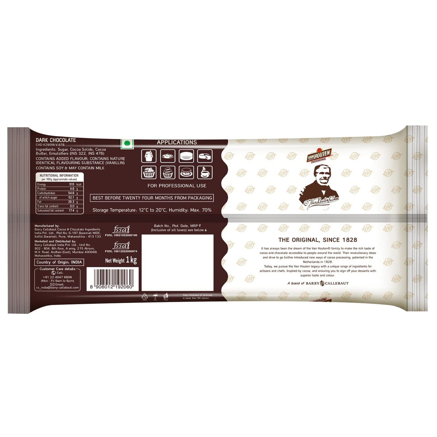 Vanhouten 46.5% Dark Chocolate Couverture -1 KG