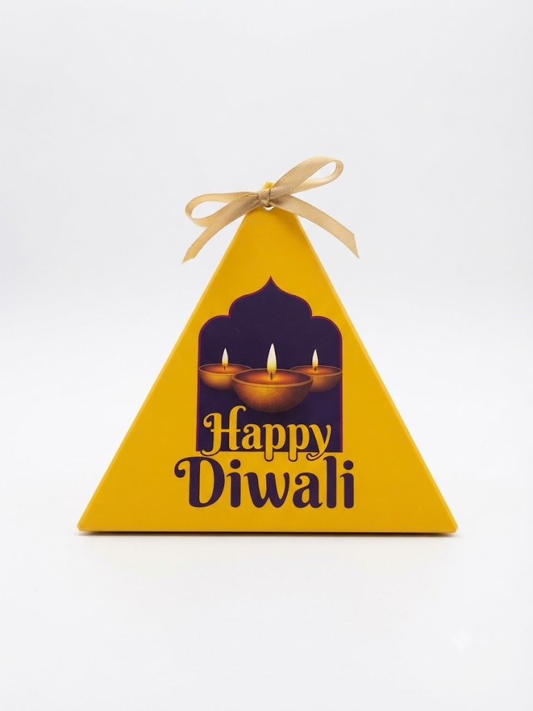 Happy Diwali Designer Pyramid Gift Box with Ribbon – (Pack of 10 Pcs)