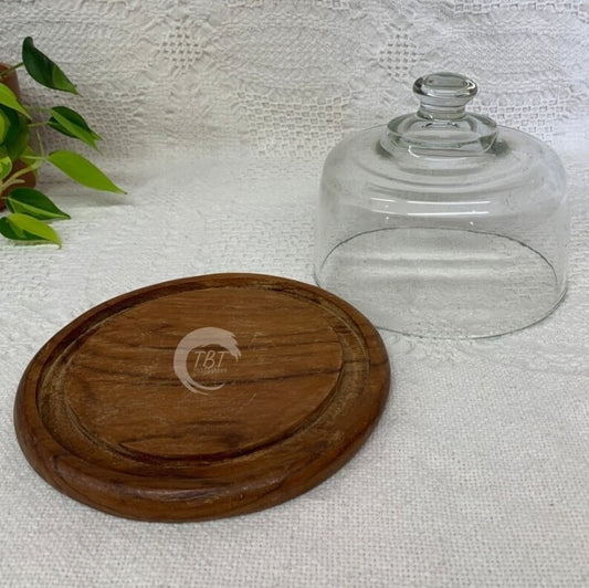Wooden Cake Stand With Glass 10"