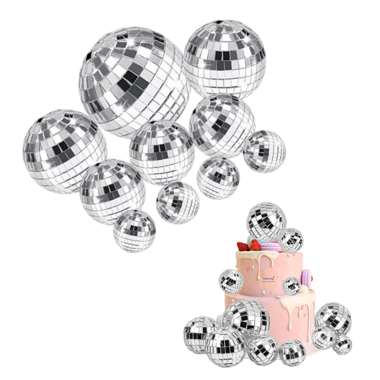 Plastic Silver Faux Disco Balls Topper For Cake Decoration (12 pcs Pack)