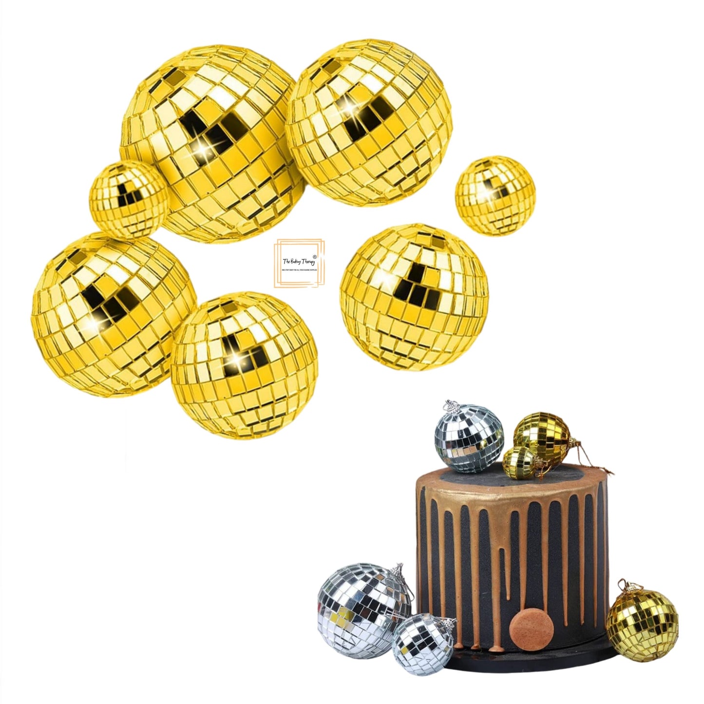 Plastic Golden Faux Disco Balls Topper For Cake Decoration (12 pcs Pack)