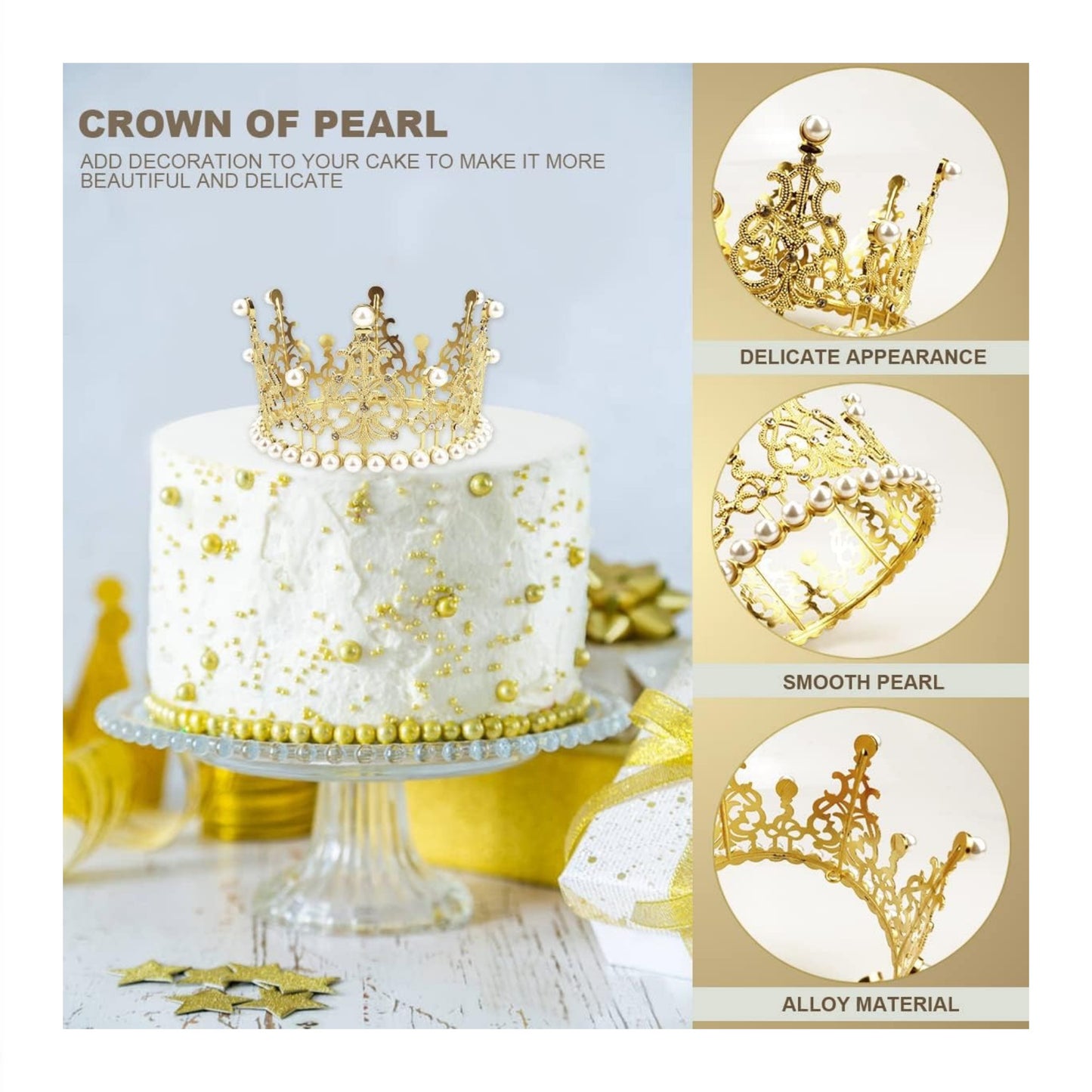 Golden Pearl Princess Tiara Crown Cake Decoration 4"