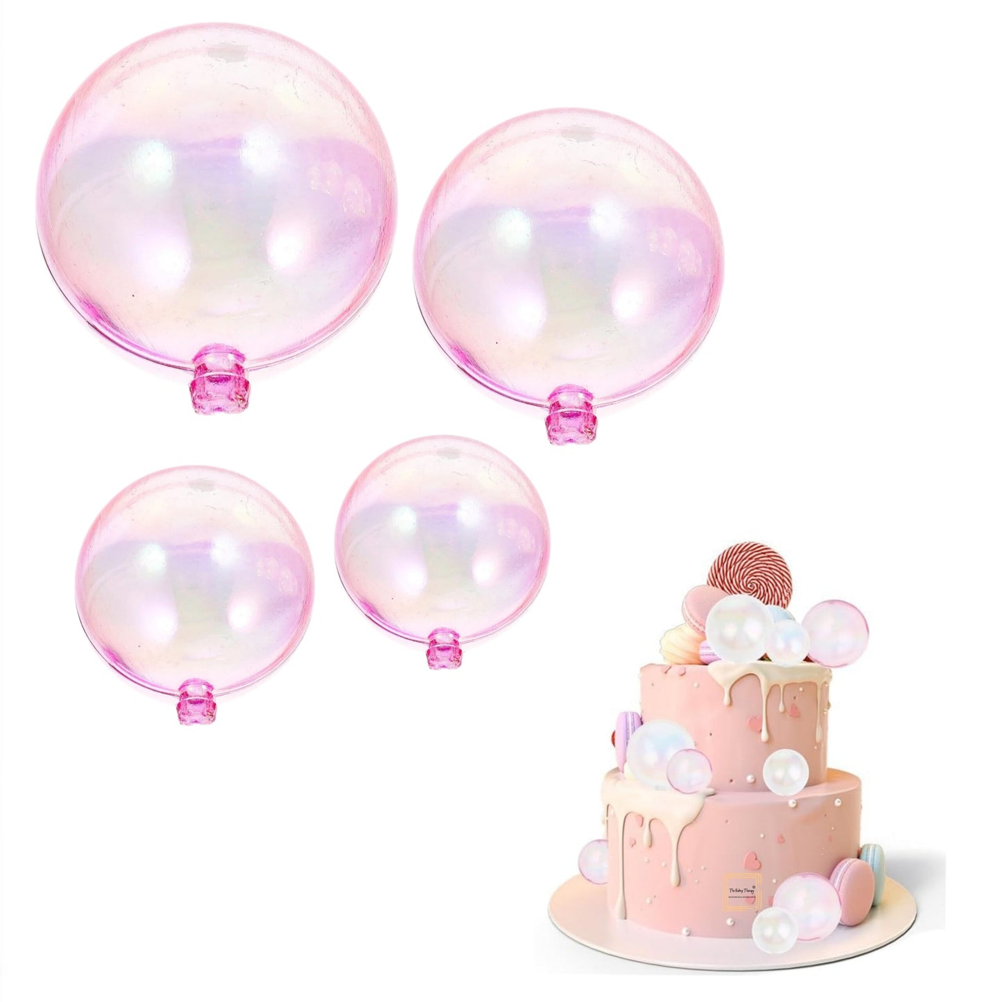 4 Mix Sizes Pink Transparent Crystal Balls Cake Decoration Topper (Pack Of 12 Pcs)