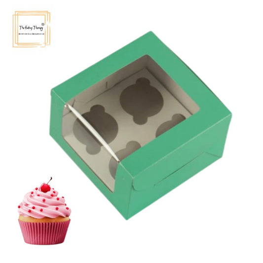 Green 4 Pcs Window Cupcake Box With Cavity ( Pack Of 10 Pcs )