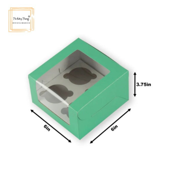 Green 4 Pcs Window Cupcake Box With Cavity ( Pack Of 10 Pcs )