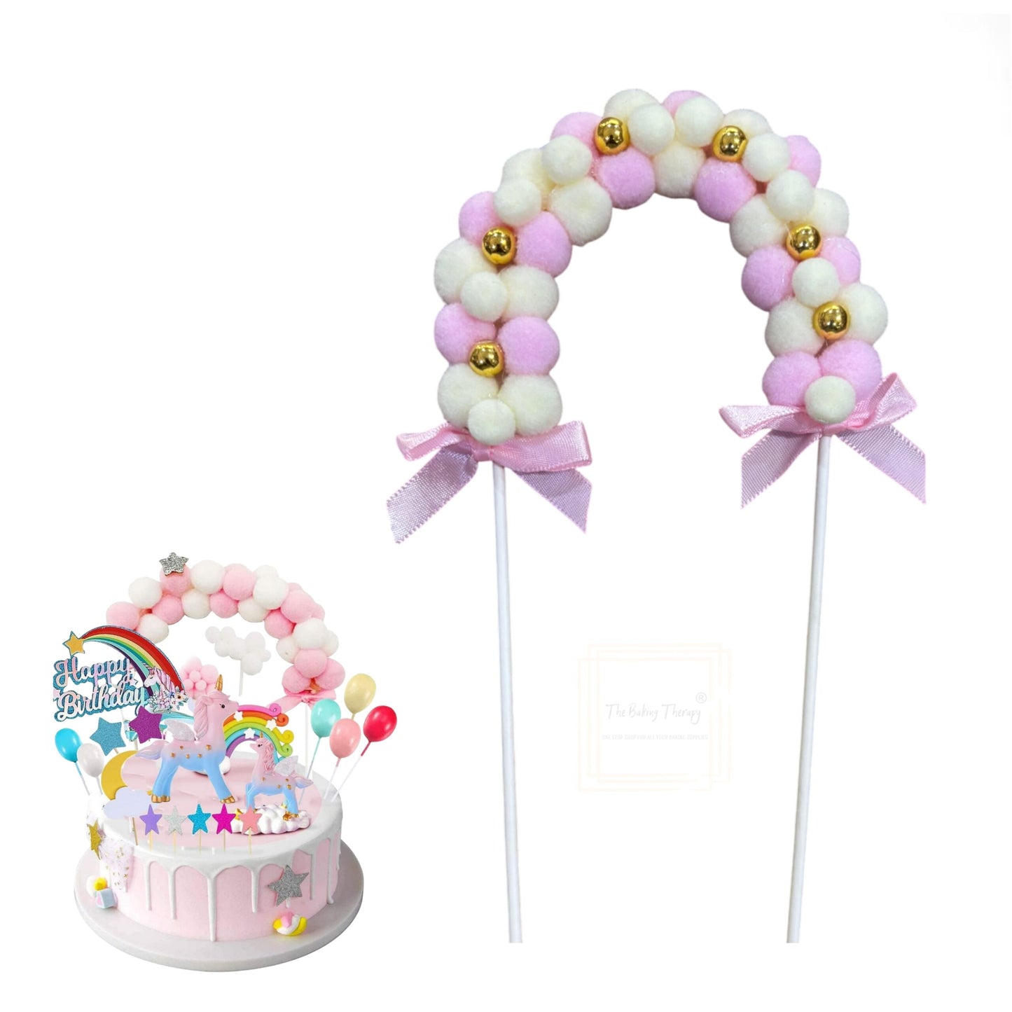 Pink Pom Pom Arch With Gold Beads Cake Topper
