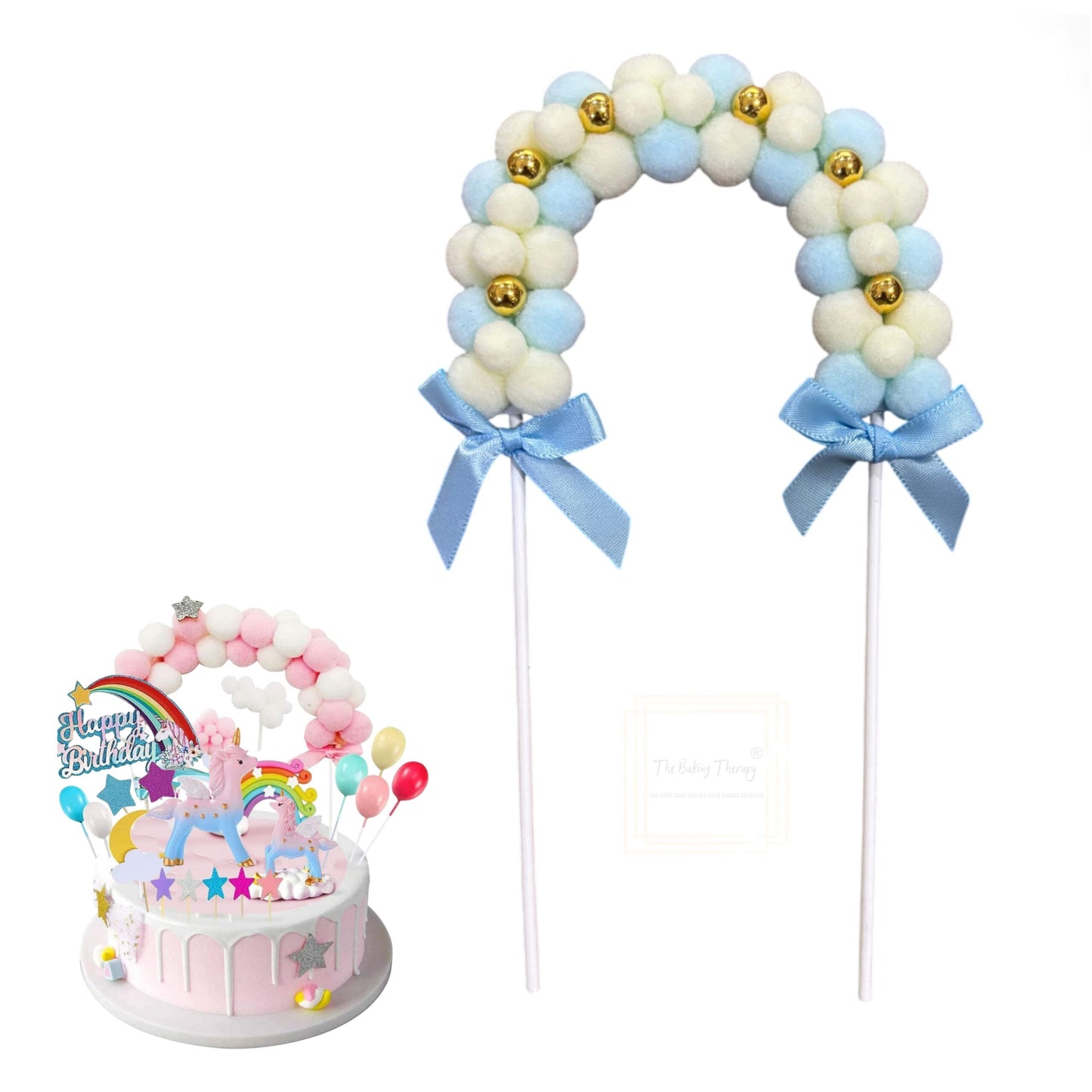 Blue Pom Pom Arch With Gold Beads Cake Topper