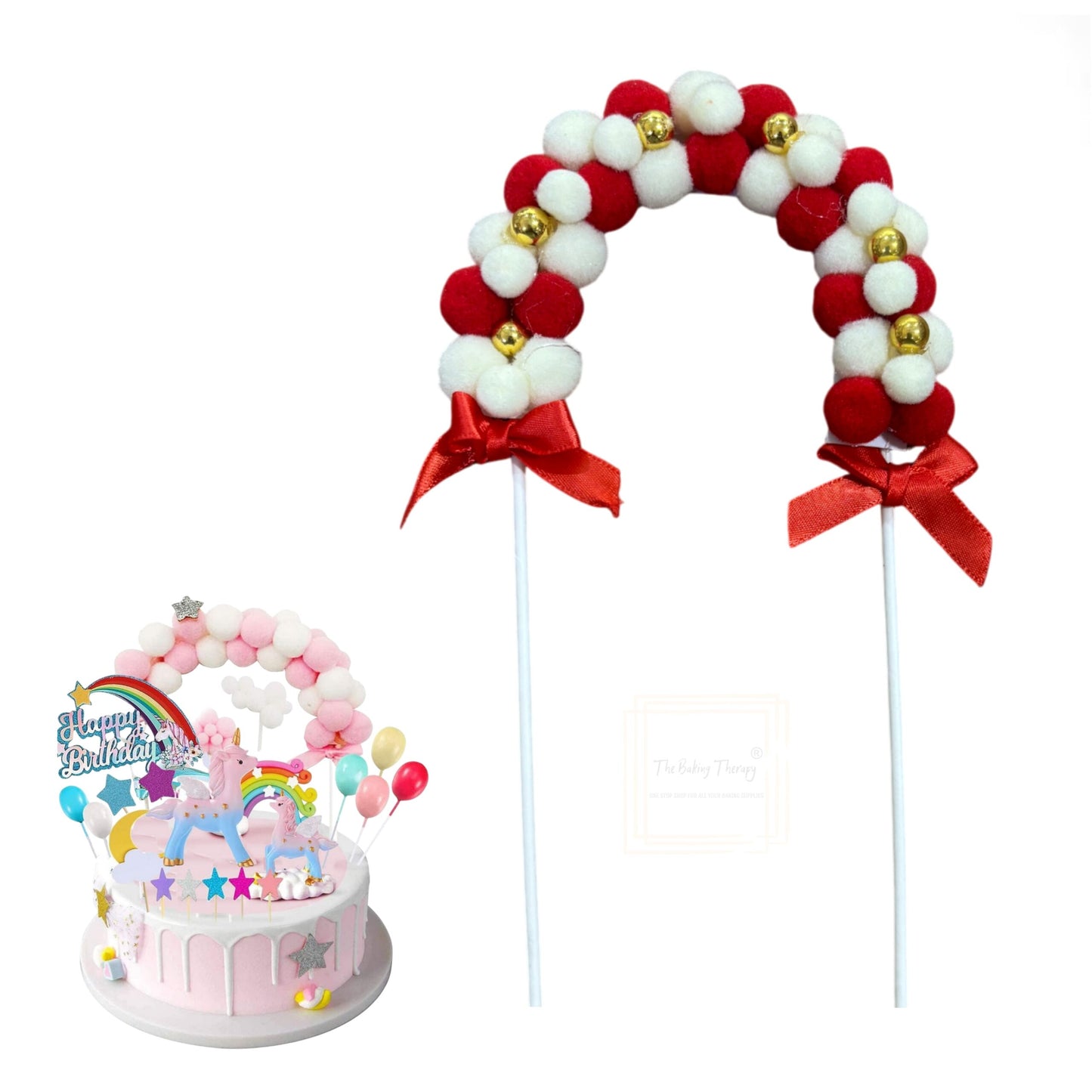 Red Pom Pom Arch With Gold Beads Cake Topper