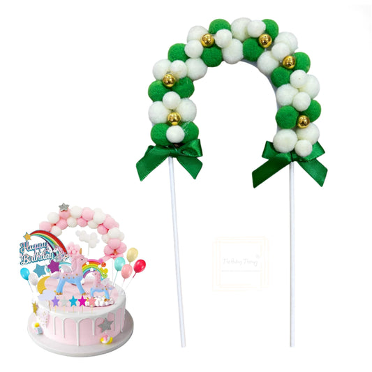 Green Pom Pom Arch With Gold Beads Cake Topper