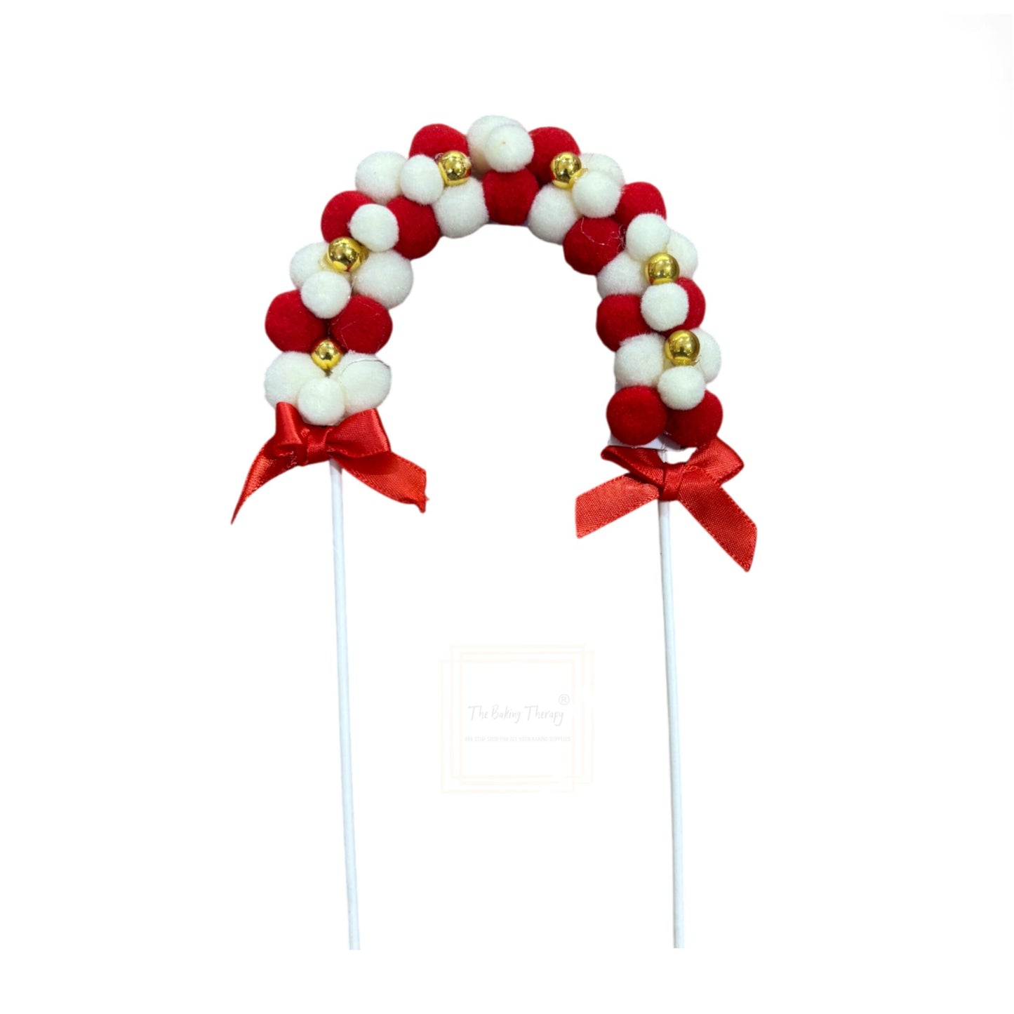 Red Pom Pom Arch With Gold Beads Cake Topper