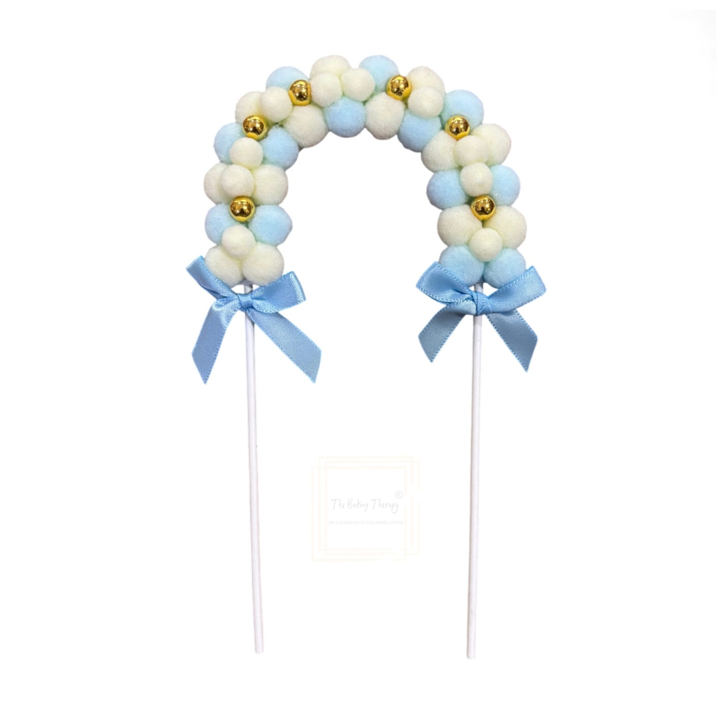 Blue Pom Pom Arch With Gold Beads Cake Topper