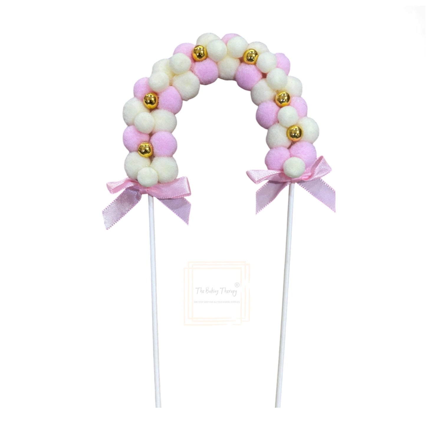 Pink Pom Pom Arch With Gold Beads Cake Topper