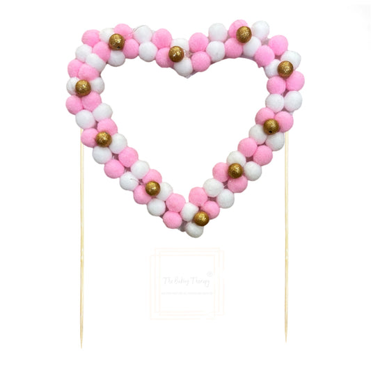 Pink And White Heart Pom Pom Cake Topper