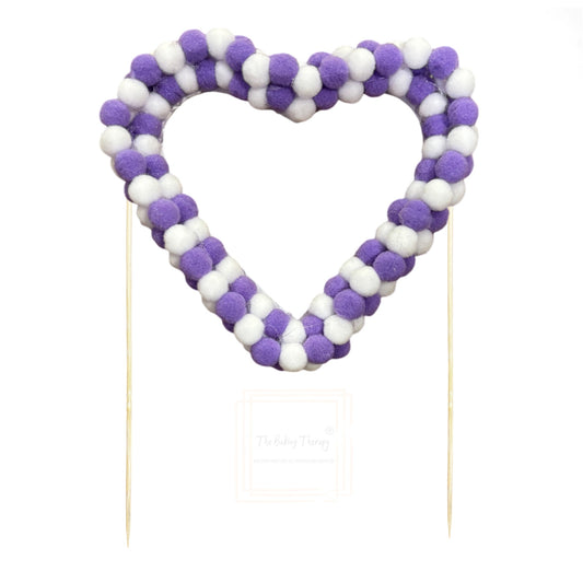 Purple And White Heart Pom Pom Cake Topper