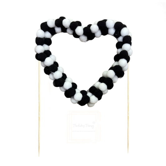 Black And White Heart Pom Pom Cake Topper