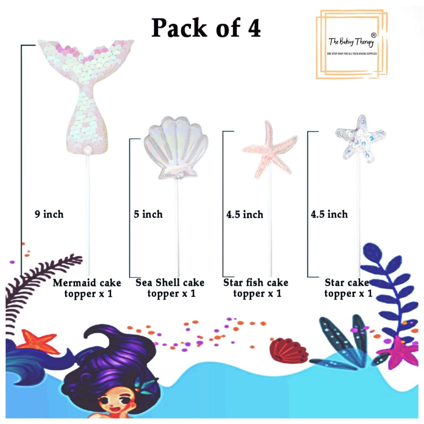 Mermaid Theme Cake Topper For Cake Decoration #2 ( Pack Of 4 Pcs )