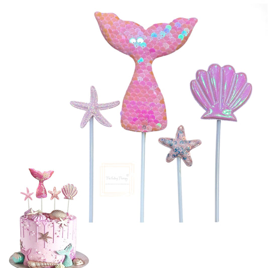 Mermaid Theme Cake Topper For Cake Decoration #3 ( Pack Of 4 Pcs )