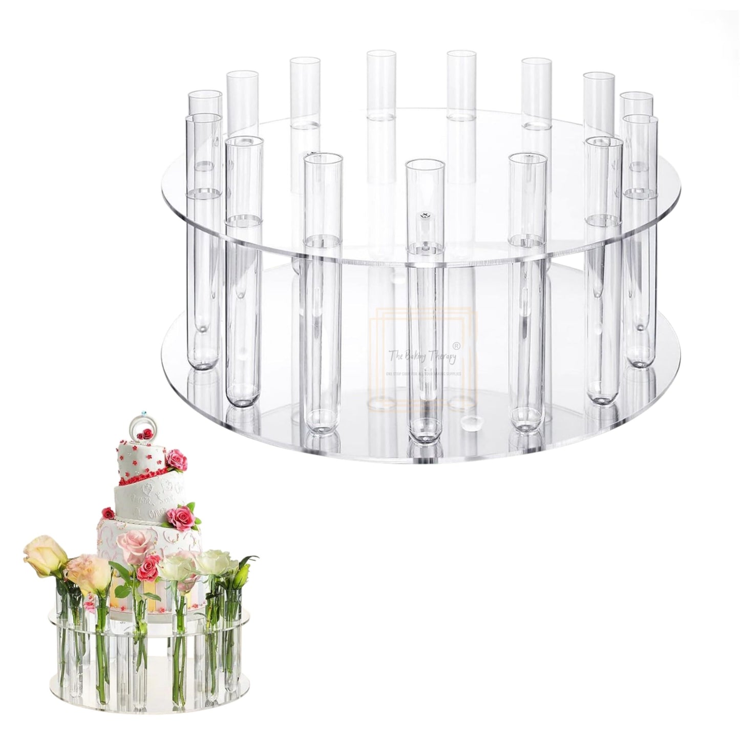 Acrylic Floral Crown Cake Stand With Tube Vase Acrylic Clear Cake Display Stand ( 12 Inch )