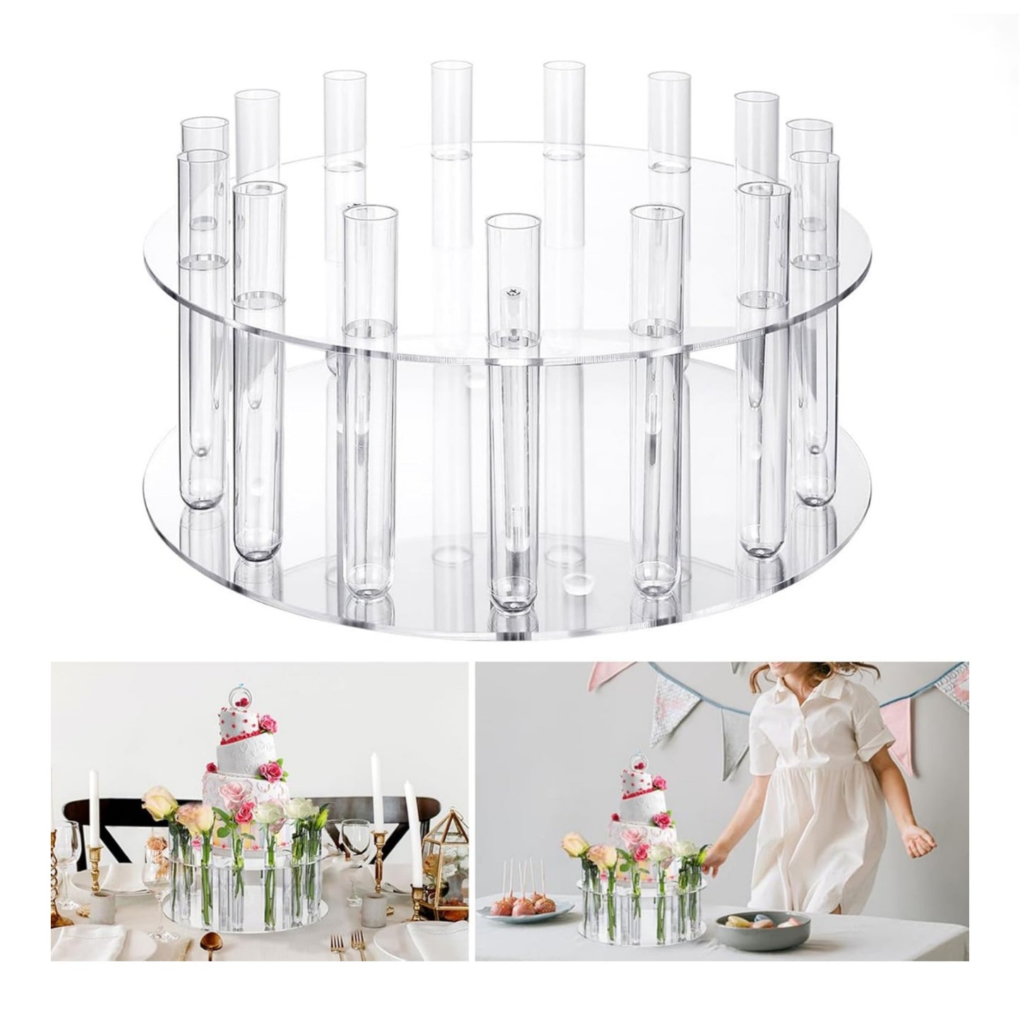 Acrylic Floral Crown Cake Stand With Tube Vase Acrylic Clear Cake Display Stand ( 12 Inch )
