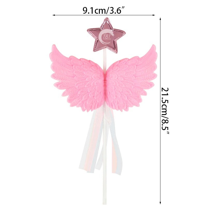 Pink Angel Feather Wings Star Cake Topper
