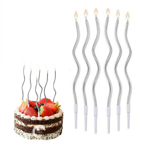 Silver Twisty Long Spiral Candles with Stand [ Pack of 6 Pcs ]