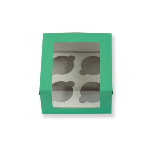 Green 4 Pcs Window Cupcake Box With Cavity ( Pack Of 10 Pcs )