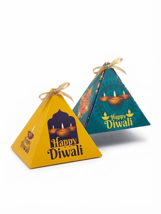 Happy Diwali Designer Pyramid Gift Box with Ribbon – (Pack of 10 Pcs)