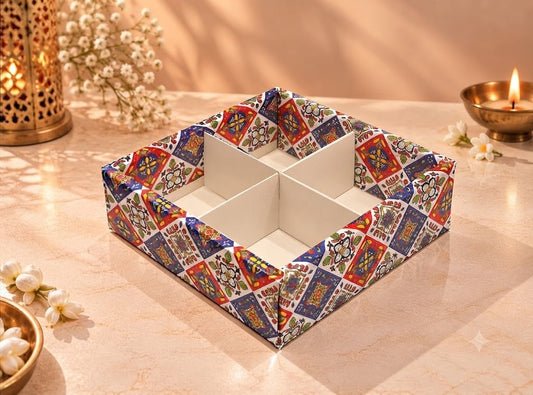 Festive Print 4 Cavity Partition Box – 6 × 6 × 2 Inches